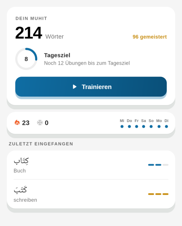 Lugha Startseite – Wortzahl, Tagesziel und Streak