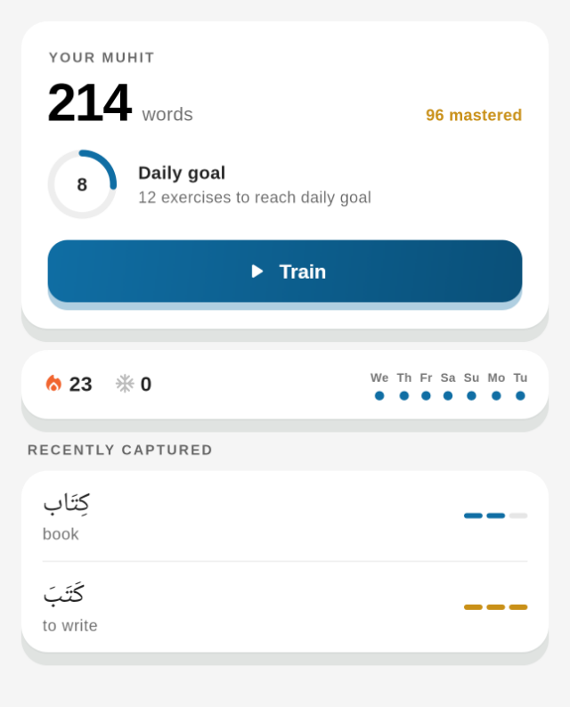 Lugha home screen – word count, daily goal and streak
