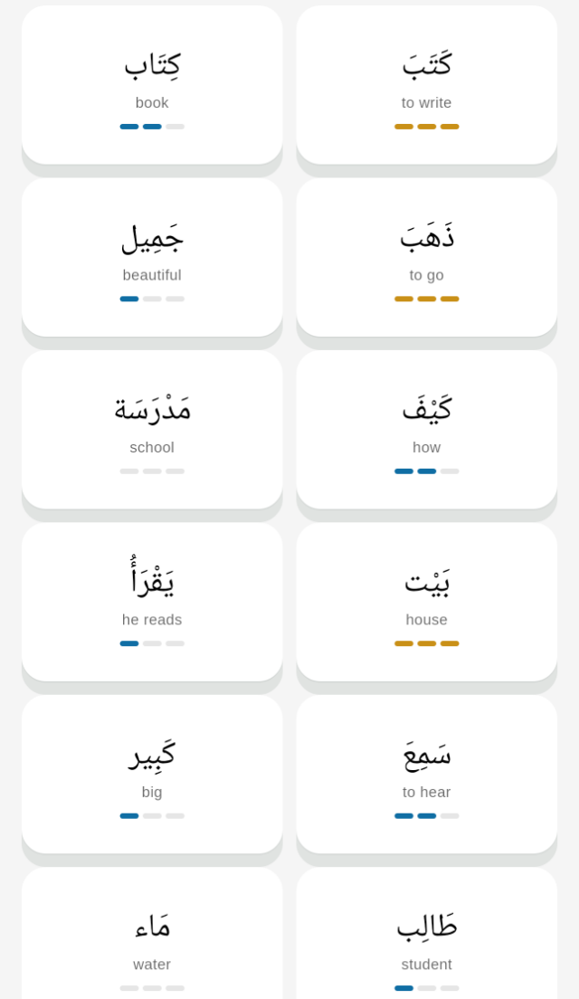 Lugha vocabulary – Arabic words as cards showing progress